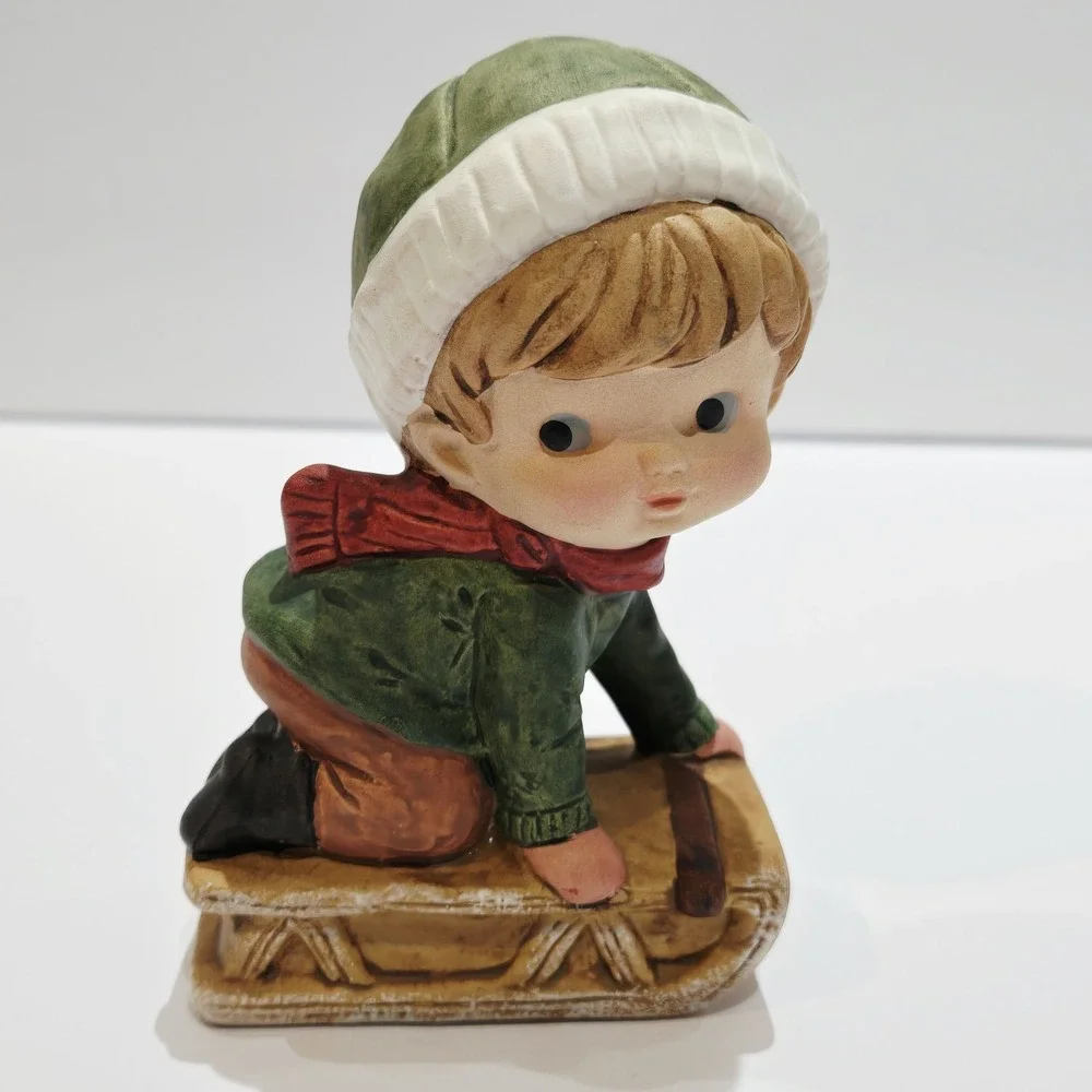Vintage Ceramic Christmas Sledding Sled Little Boy Figurine